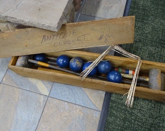 Antique Partial Croquet Set, 4 Mallets, Stick, Wickets, Blue Balls and Wood Storage Box, Antique Outdoor Games Set, Antique Wooden Croquet