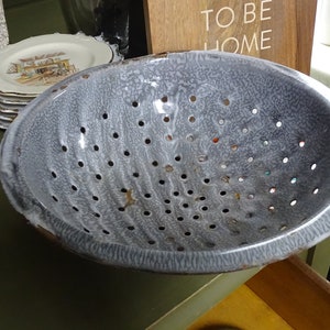 Vintage Dusty Blue Enamelware Colander: Farmhouse Kitchen Decor