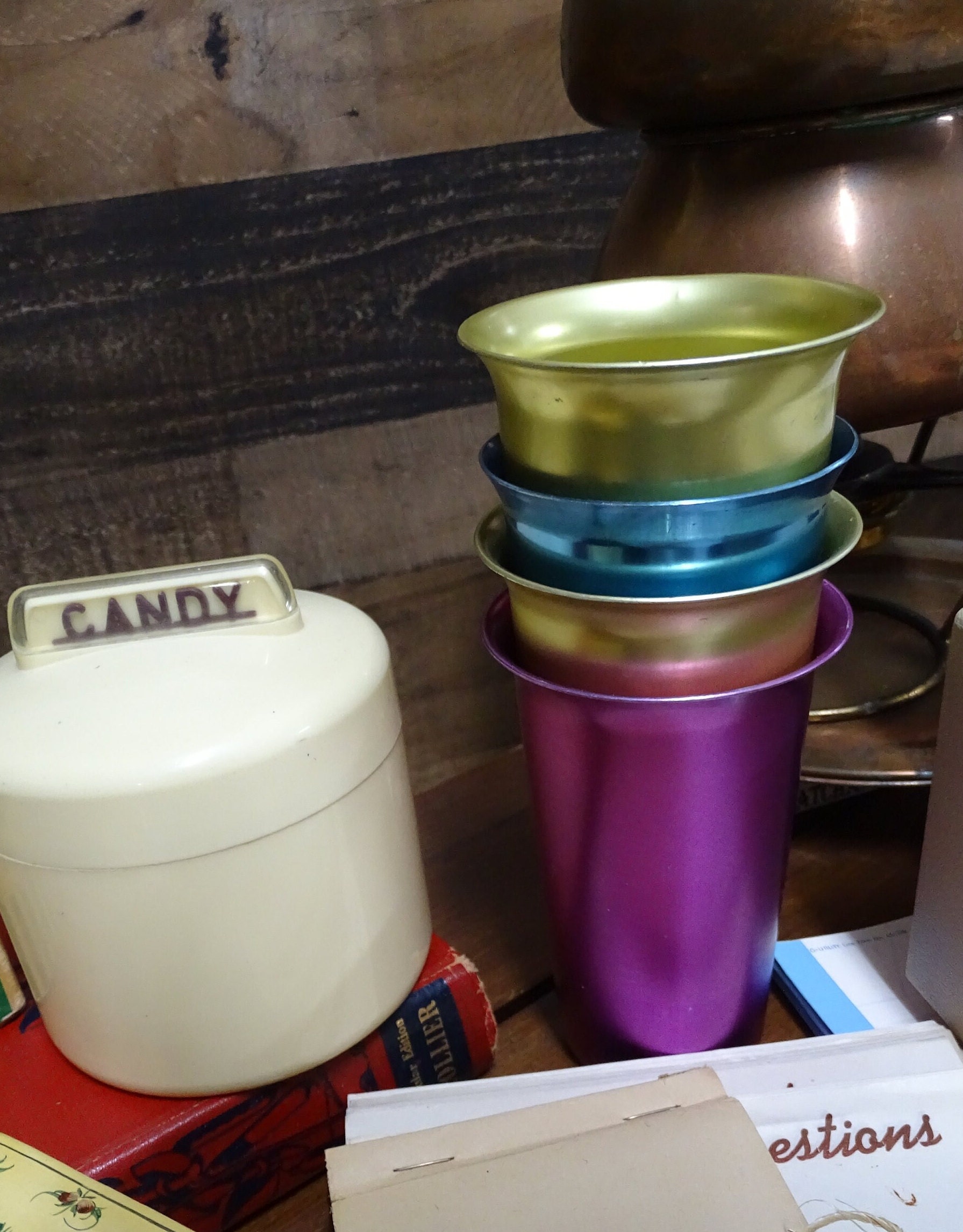 Vintage WEST BEND Multi Colored 8 Aluminum Cups Tumblers and Wood Pitcher  Retro