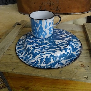 Vintage Blue Swirl Graniteware Cup and Plate Set: Farmhouse Kitchen Decor