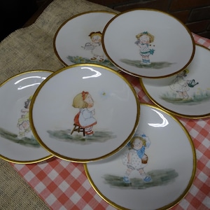 Vintage JP Limoges France Small Ceramic Plates with Hand Painted Little Girl Images, Decorative Plate Set (6), Limoges France Girl Plates