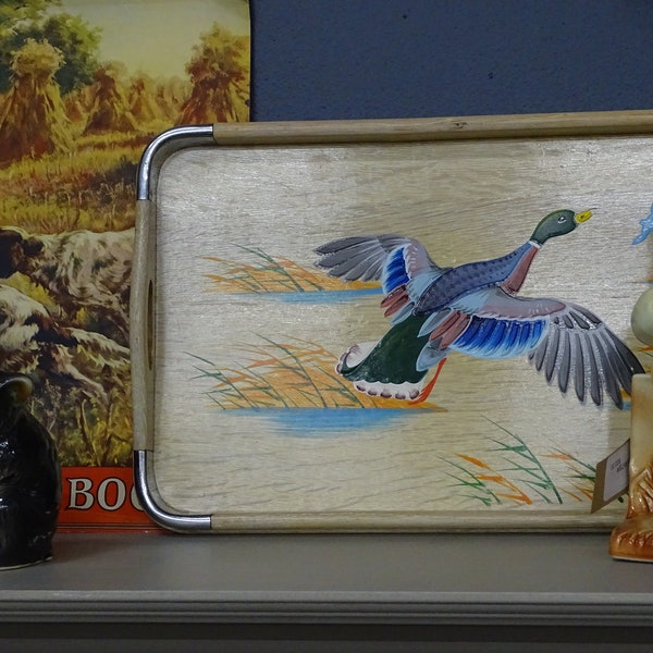 MCM Hand Painted Bar Tray with Mallard Duck, Mid-Century Made in Japan Standard Specialty Bar Serving Tray, Mid-Century Barware Tray,