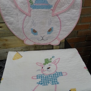 Vintage Hand Made Embroidered Bunny Rabbit Crib Blanket and Pillow Case, Embroidered Bunnies Baby Blanket & Pillow Cover, Pastel Crib Quilt
