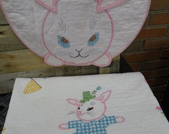 Vintage Embroidered Bunny Crib Quilt and Pillow Cover: Handmade Pastel Baby Blanket