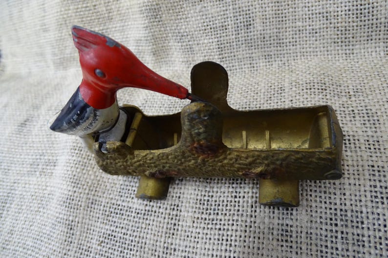 Vintage Painted Metal Woodpecker Bird Toothpick/match Holder and