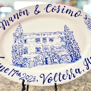Ceramic Custom First Home Owners Family Bride Groom Engagement Anniversary Wedding Blue Gift Platter House Portrait Italy Landscape