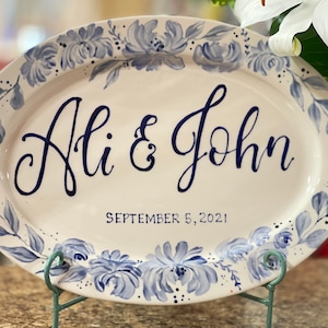 Ceramic Custom Bride Groom Happy Engagement Anniversary Wedding Gift Family Platter Bouquet Invitation Flowers Grandparents Keepsake Blue