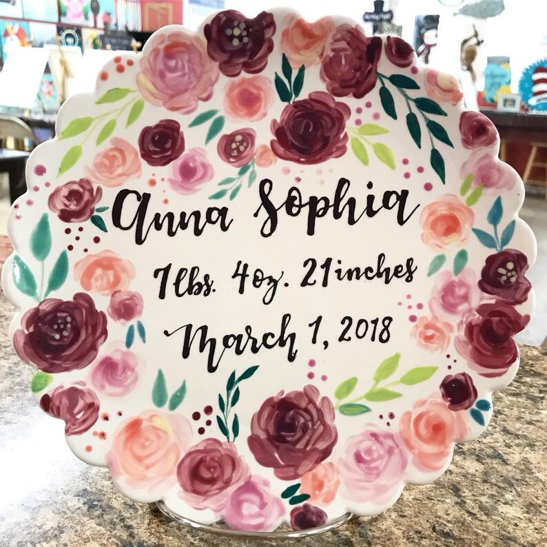 Newborn Baby Shower Birthday Floral Plate Keepsake Handwritten Etsy
