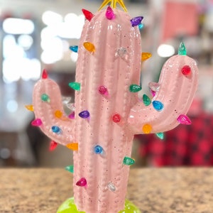 Ceramic Light Up Modern Cactus Christmas Tree Vintage 10.5 Inches Holiday Gift Pink Green Multi Colored Lights Customizable