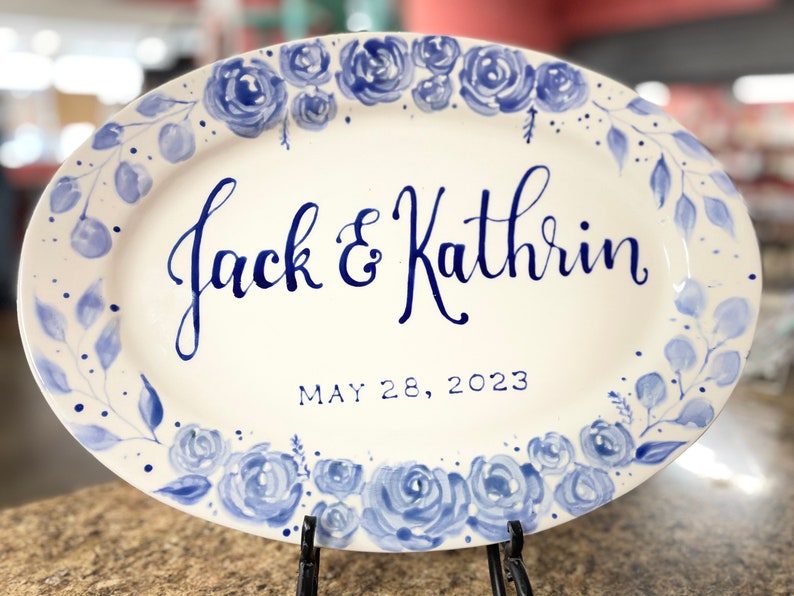 Custom Ceramic Wedding Platter, Hand-Painted Blue Floral Keepsake (15 Inch)