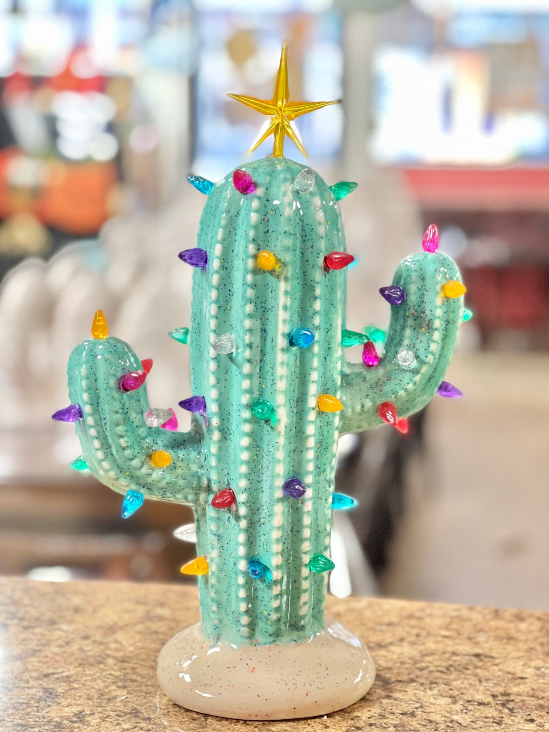 Ceramic Light up Modern Cactus Christmas Tree Vintage 10.5 Inches Holiday Gift Teal Etsy