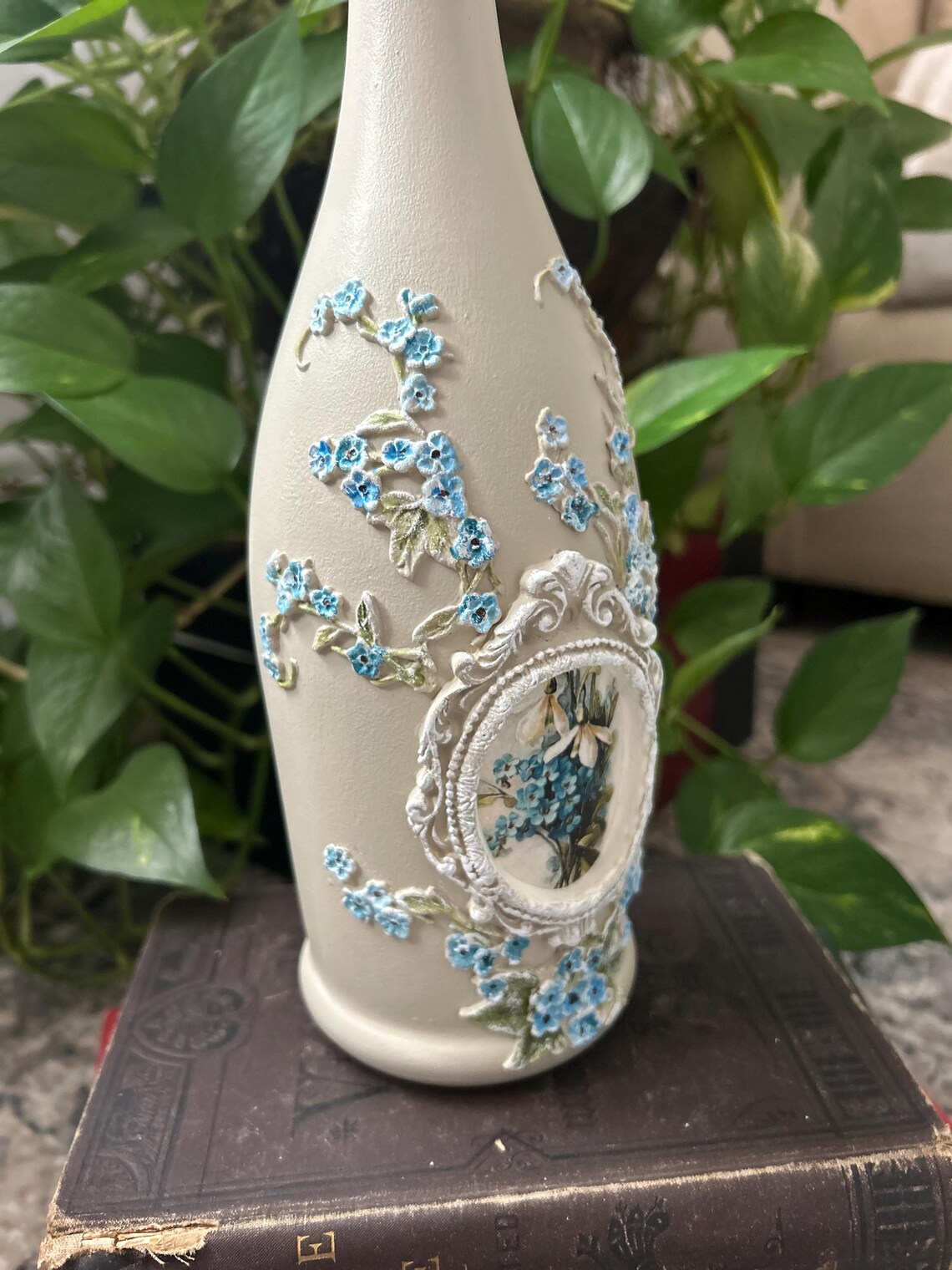 Handcrafted Decoupaged Glass Bottle: Shabby Chic Forget Me Not Floral ...