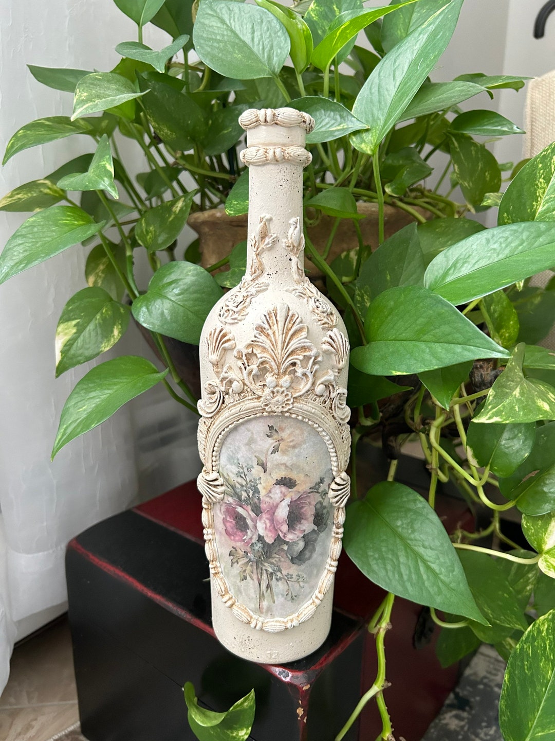 Handcrafted Decoupaged Bottle Floral Decorative Accent Etsy