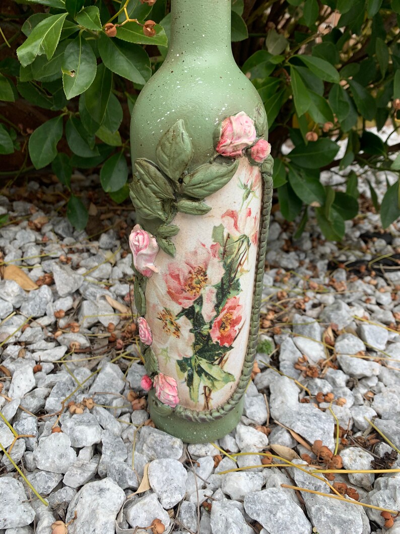 Hand Painted Decoupage Glass Bottle Roses Decoupage Bottle Etsy
