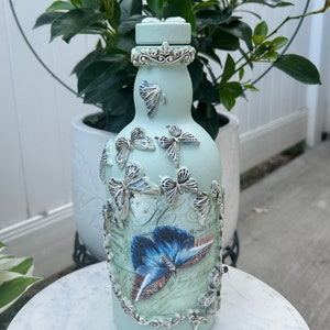 Handcrafted decoupaged bottle, butterflies decorative accent, rustic home decor, home accent, up-cycle bottle, unique decor, gift