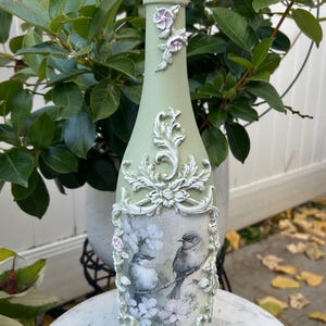 Handcrafted birds and flowers decoupage glass bottle, wine bottle decor, decorative bottle, home decor accent, unique gift, shabby chic