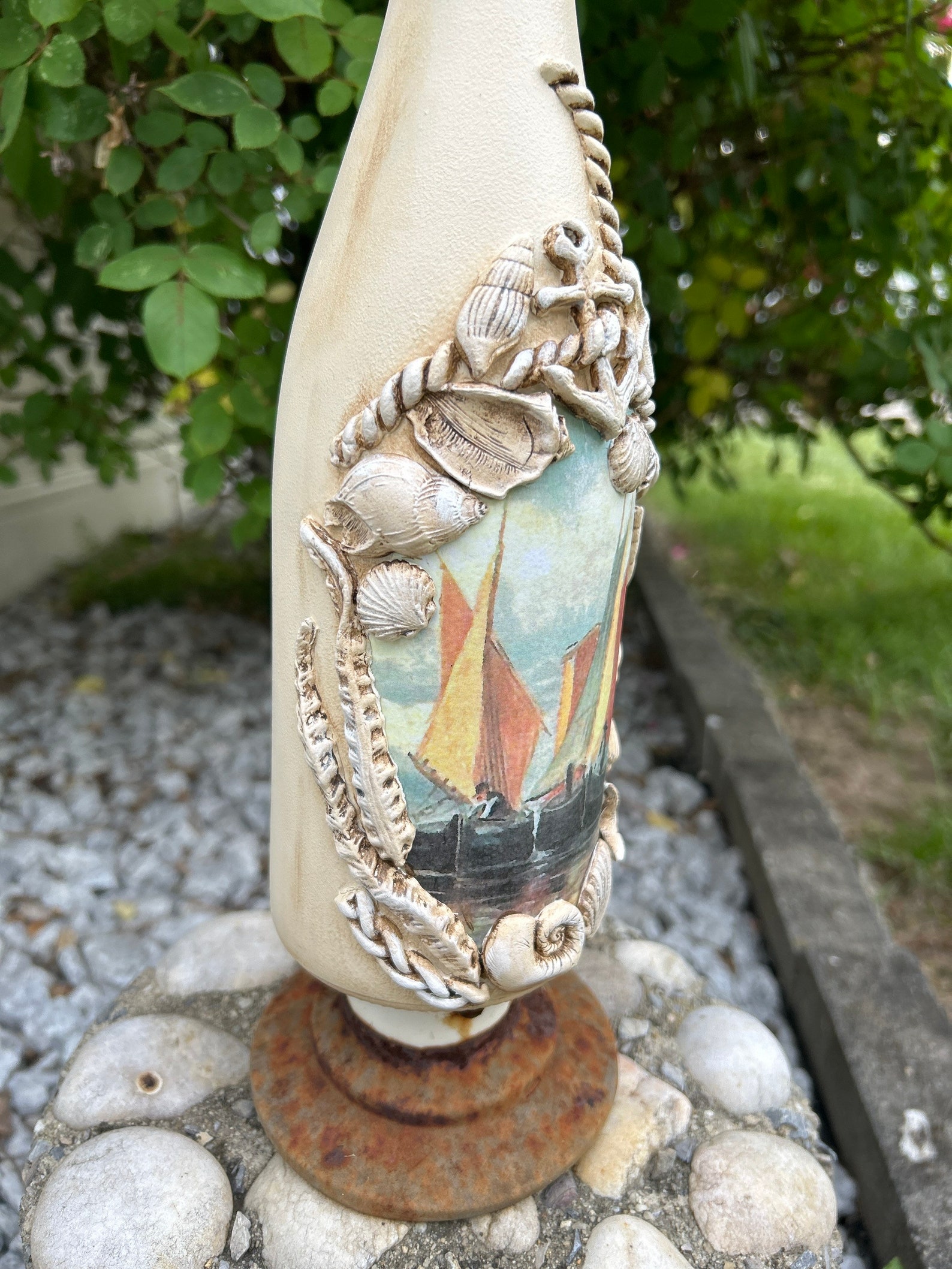 Handcrafted, Nautical Decoupaged Bottle, Sea Theme Decorative Accent