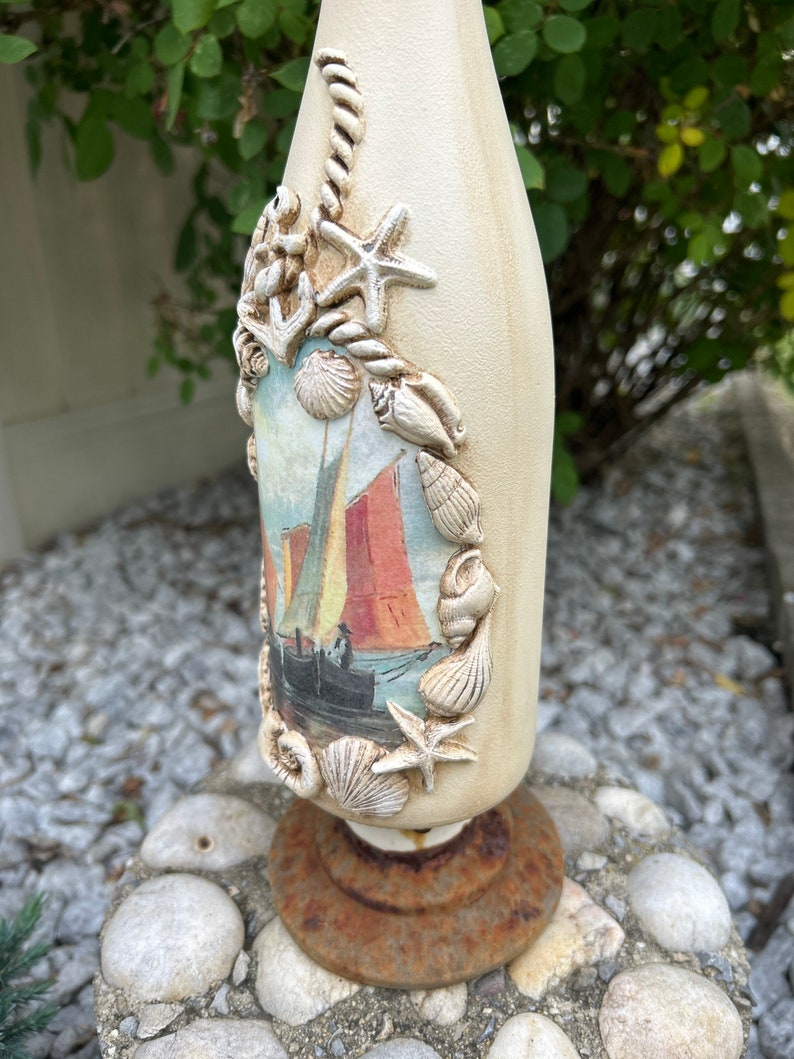 Handcrafted, Nautical Decoupaged Bottle, Sea Theme Decorative Accent
