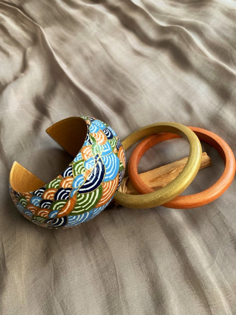 statement jewelry Boho hand decorated bracelet unique gift chunky decoupage bangle wooden bangle Japanese paper decorated bangle