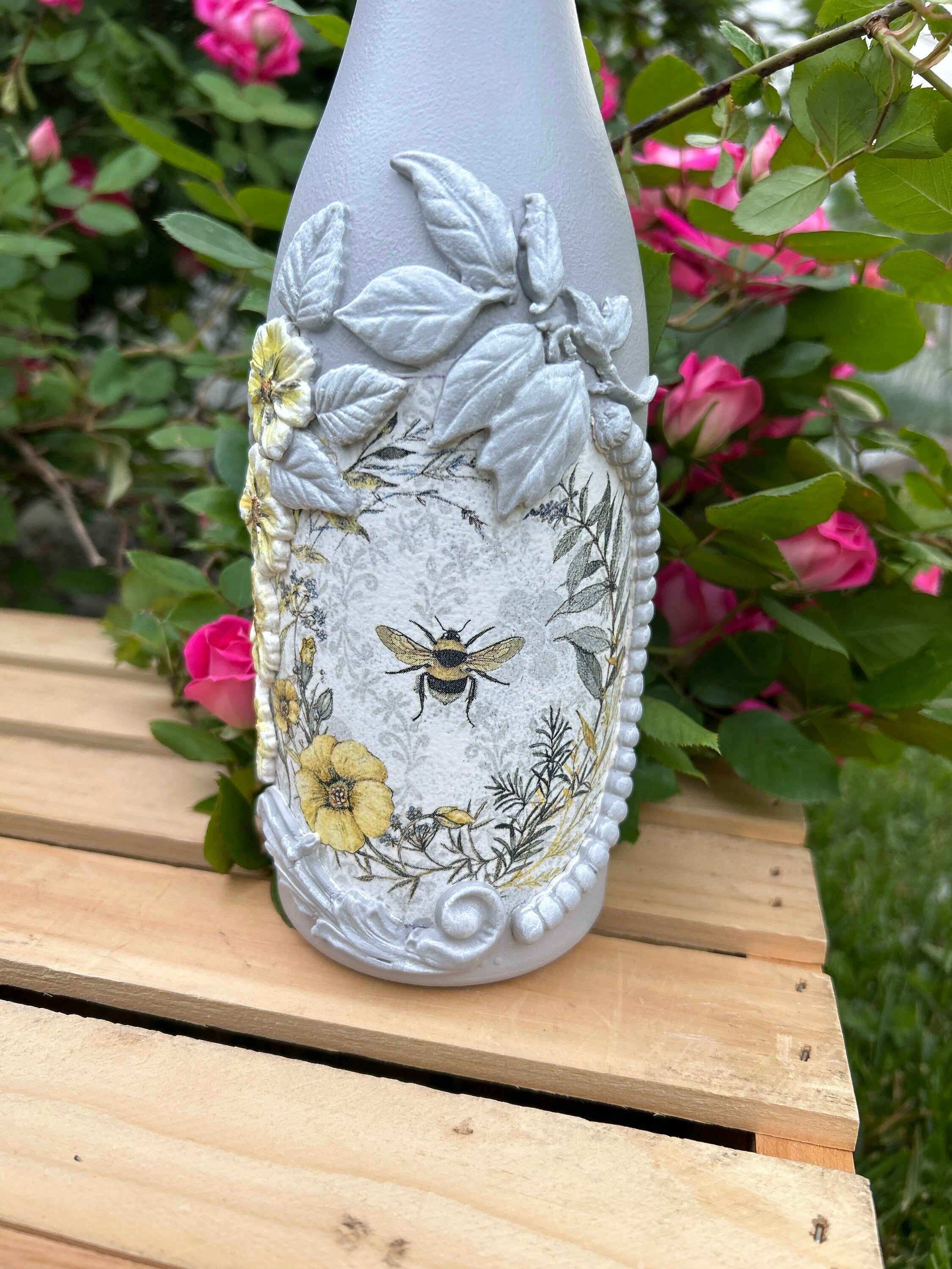 Hand Painted Decoupage Glass Bottle, Decoupage Bottle, Decorative