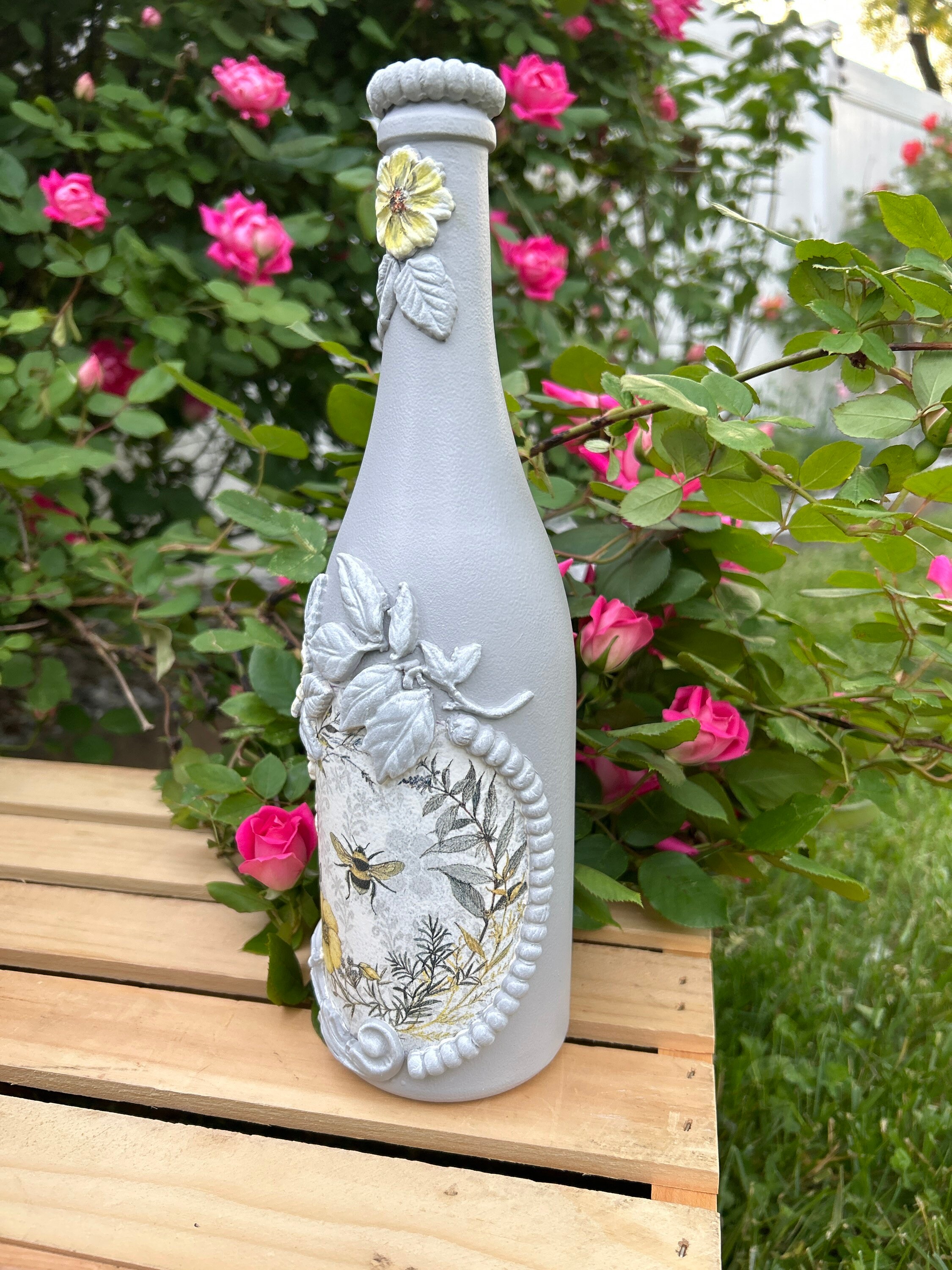 Hand Painted Decoupage Glass Bottle, Decoupage Bottle, Decorative