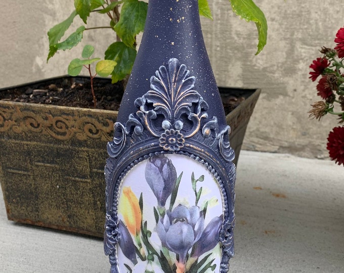Hand Painted Decoupage Glass Bottle, Flowers Decoupage Bottle