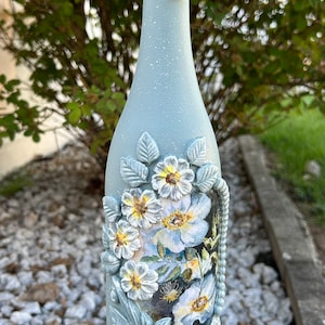 Handcrafted decoupaged bottle, floral decorative accent, rustic home decor, home accent, up-cycle bottle, unique decor, gift