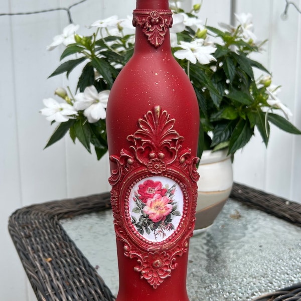 Handcrafted decoupaged bottle, roses decorative accent, rustic home decor, home accent, up-cycle bottle, unique decor, gift