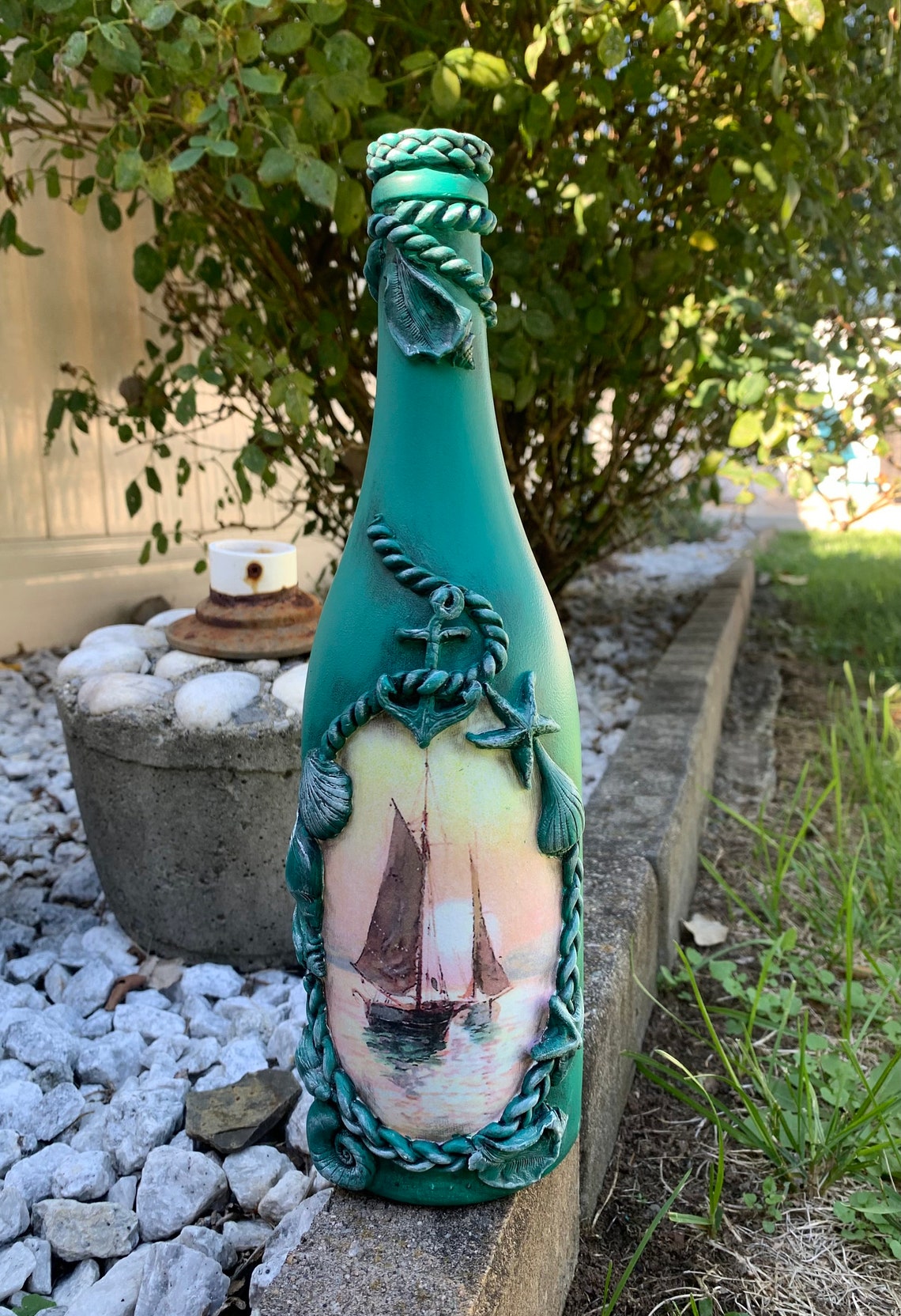 Handcrafted Nautical Decoupaged Bottle Sea Theme Decorative Etsy