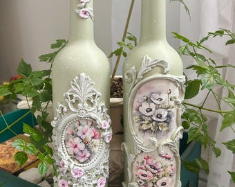 Handcrafted Decoupage Floral Bottle: Shabby Chic Home Decor