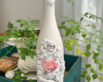 Vintage Rose Decoupage Wine Bottle: Shabby Chic Home Decor
