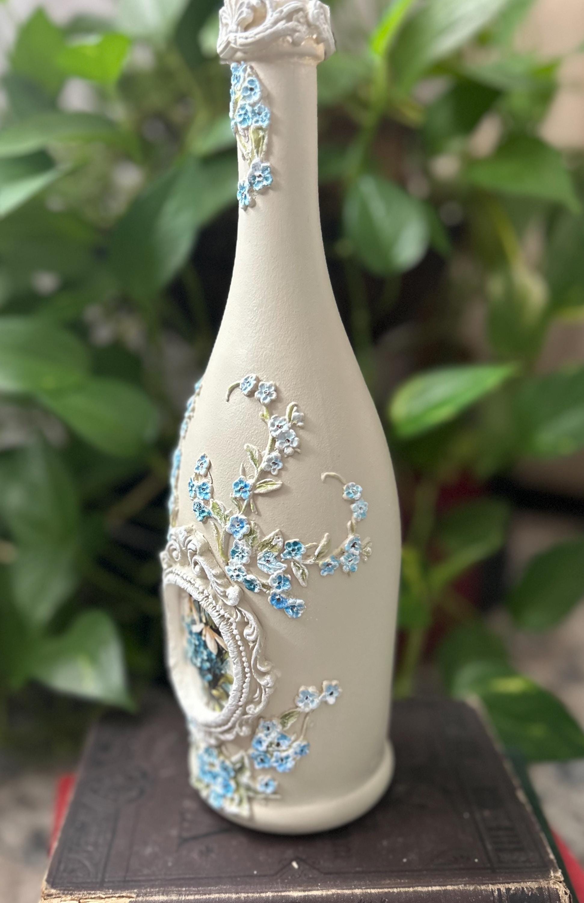 Handcrafted Decoupaged Glass Bottle: Shabby Chic Forget Me Not Floral ...