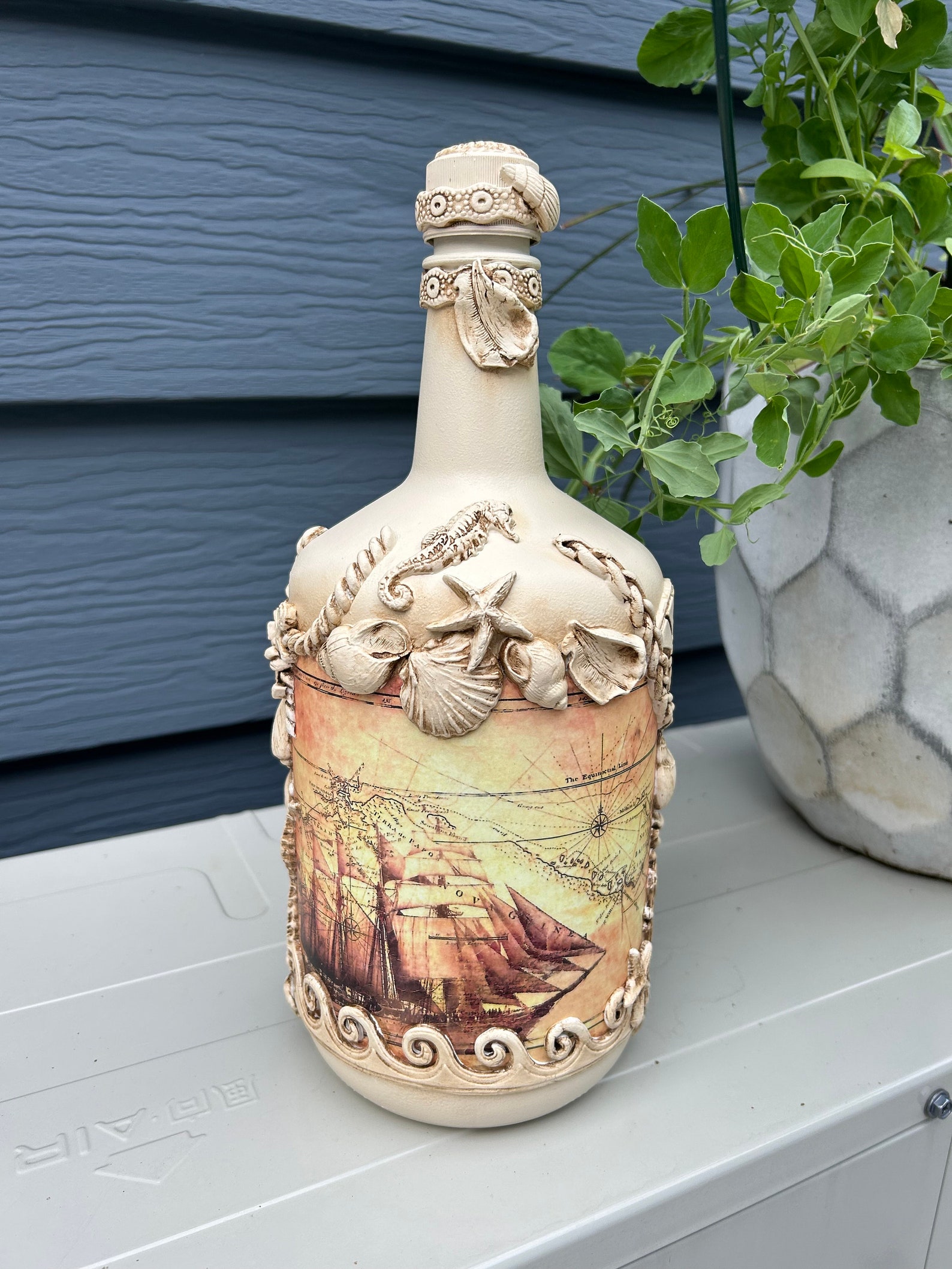 Handcrafted Decoupaged Bottle Sea Theme Decorative Accent Etsy