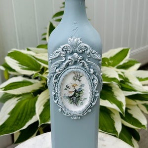 Handcrafted decoupaged bottle, floral decorative accent, rustic home decor, home accent, up-cycle bottle, unique decor, gift