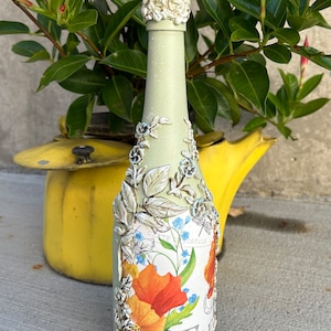 Handcrafted decoupaged bottle, floral decorative accent, rustic home decor, home accent, up-cycle bottle, unique decor, gift