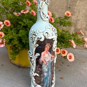 Handcrafted decoupaged bottle, vintage lady decorative accent, rustic home decor, home accent, up-cycle bottle, unique decor