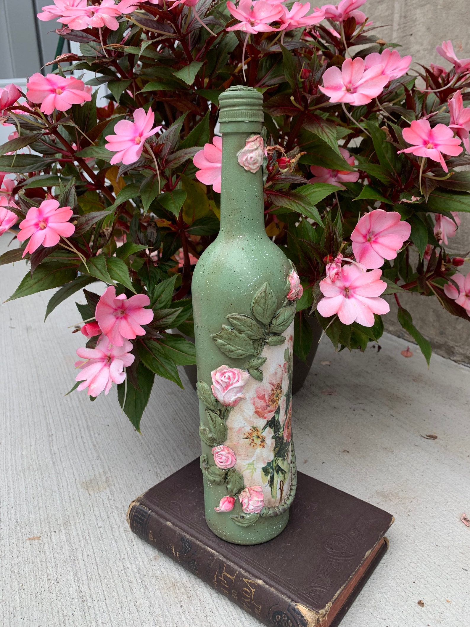 Hand Painted Decoupage Glass Bottle Roses Decoupage Bottle Etsy