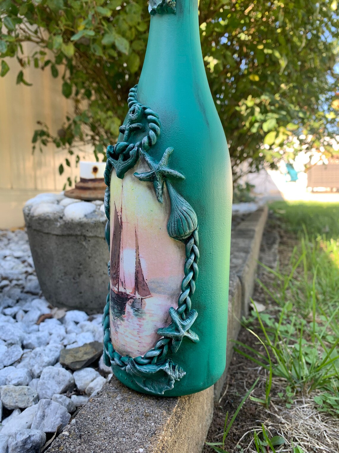 Handcrafted Nautical Decoupaged Bottle Sea Theme Decorative Etsy