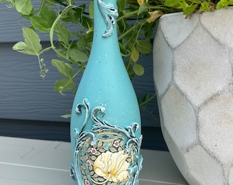 Handcrafted decoupaged bottle, floral decorative accent, rustic home decor, home accent, up-cycle bottle, unique decor, gift