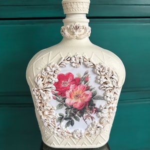 Petite bouteille en verre de découpage de roses artisanales, bouteille décorative, décoration d&#39;intérieur, cadeau unique, shabby chic, décoration de roses