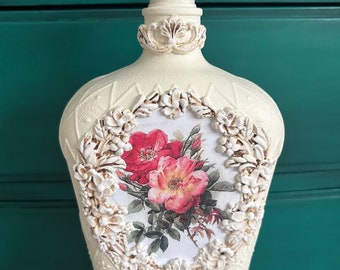 Handcrafted roses decoupage small glass bottle,  decorative bottle, home decor accent, unique gift, shabby chic, roses decor