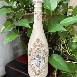 Handcrafted angel decoupaged bottle,  decorative accent, rustic home decor, home accent, up-cycle bottle, unique decor, gift