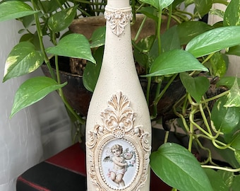 Handcrafted angel decoupaged bottle,  decorative accent, rustic home decor, home accent, up-cycle bottle, unique decor, gift