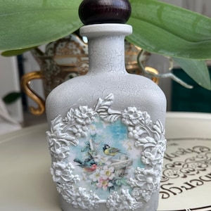 Bouteille en verre faite main avec des oiseaux, décoration de bouteille, bouteille décorative, décoration d&#39;intérieur, cadeau unique, shabby chic