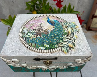 Handcrafted  decoupage wooden box, keepsake box, storage box, peacock decorative box, ,unique gift