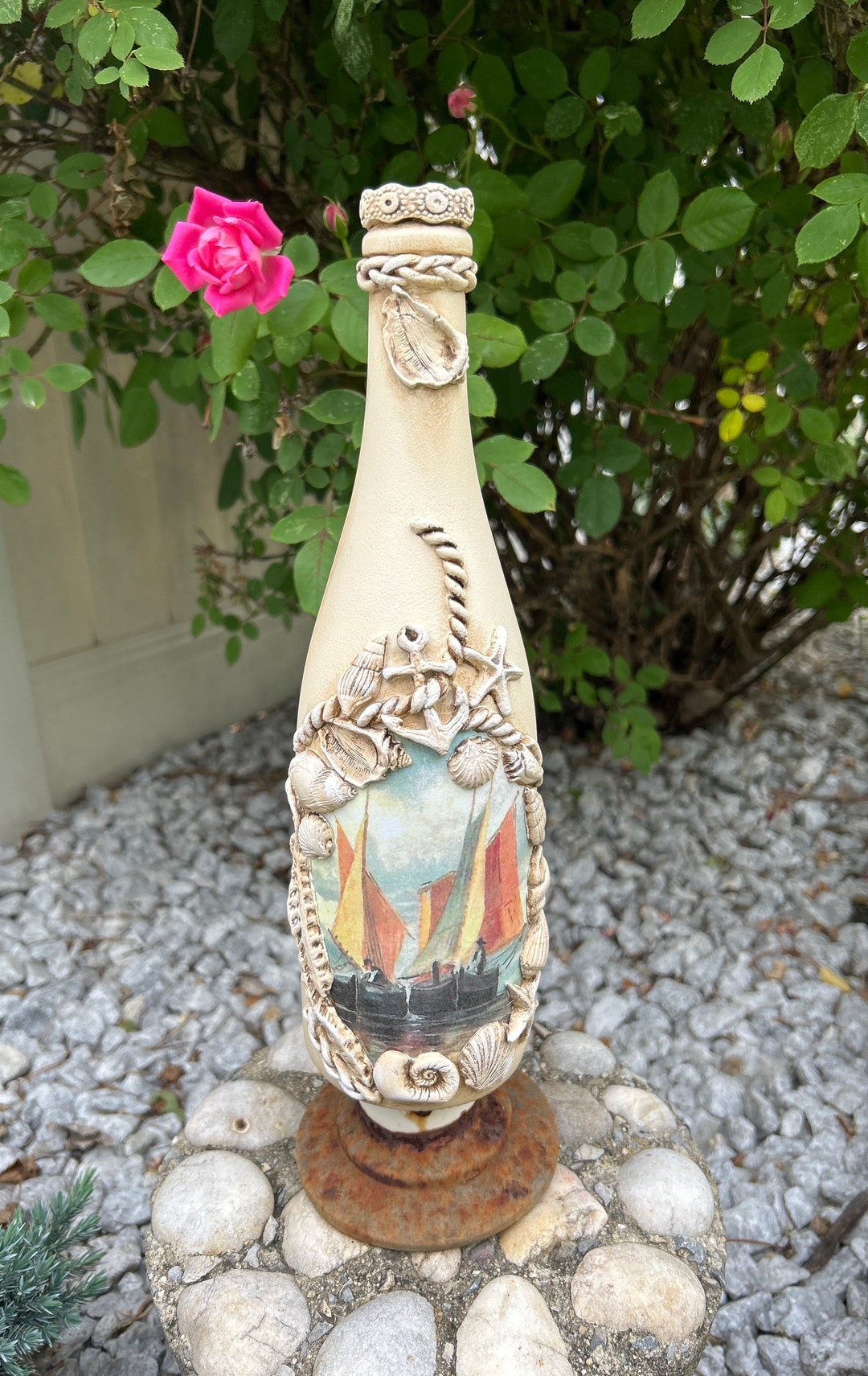 Handcrafted, Nautical Decoupaged Bottle, Sea Theme Decorative Accent