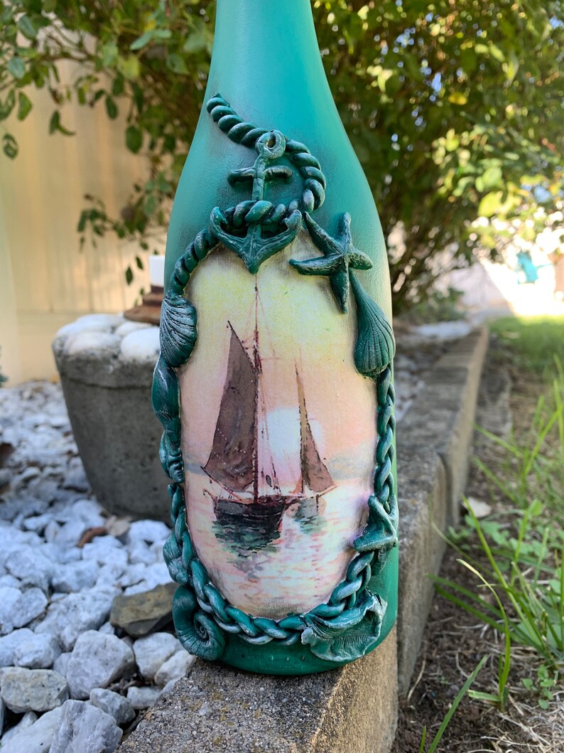 Handcrafted Nautical Decoupaged Bottle Sea Theme Decorative Etsy
