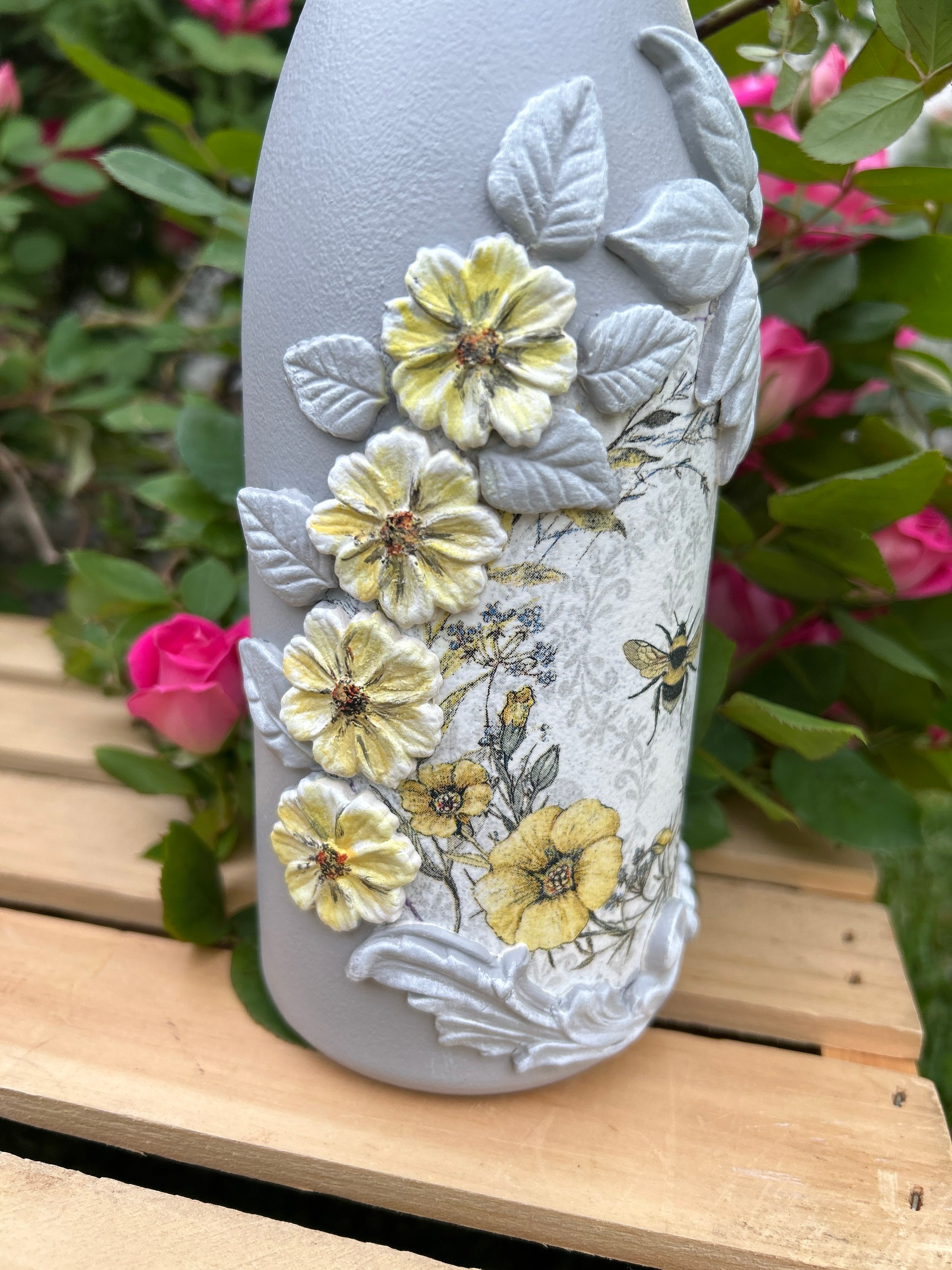 Hand Painted Decoupage Glass Bottle, Decoupage Bottle, Decorative ...