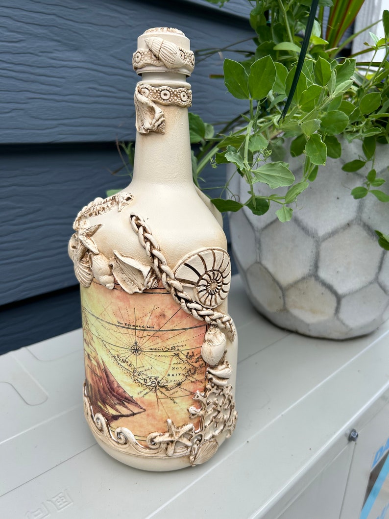 Handcrafted Decoupaged Bottle Sea Theme Decorative Accent Etsy