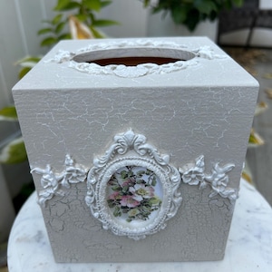 Handgemaakte houten hoes tissuedoos, met decoupage versierde tissuebox, tissuebox met bloemen, uniek cadeau, tissuebox met bloemen decoupage